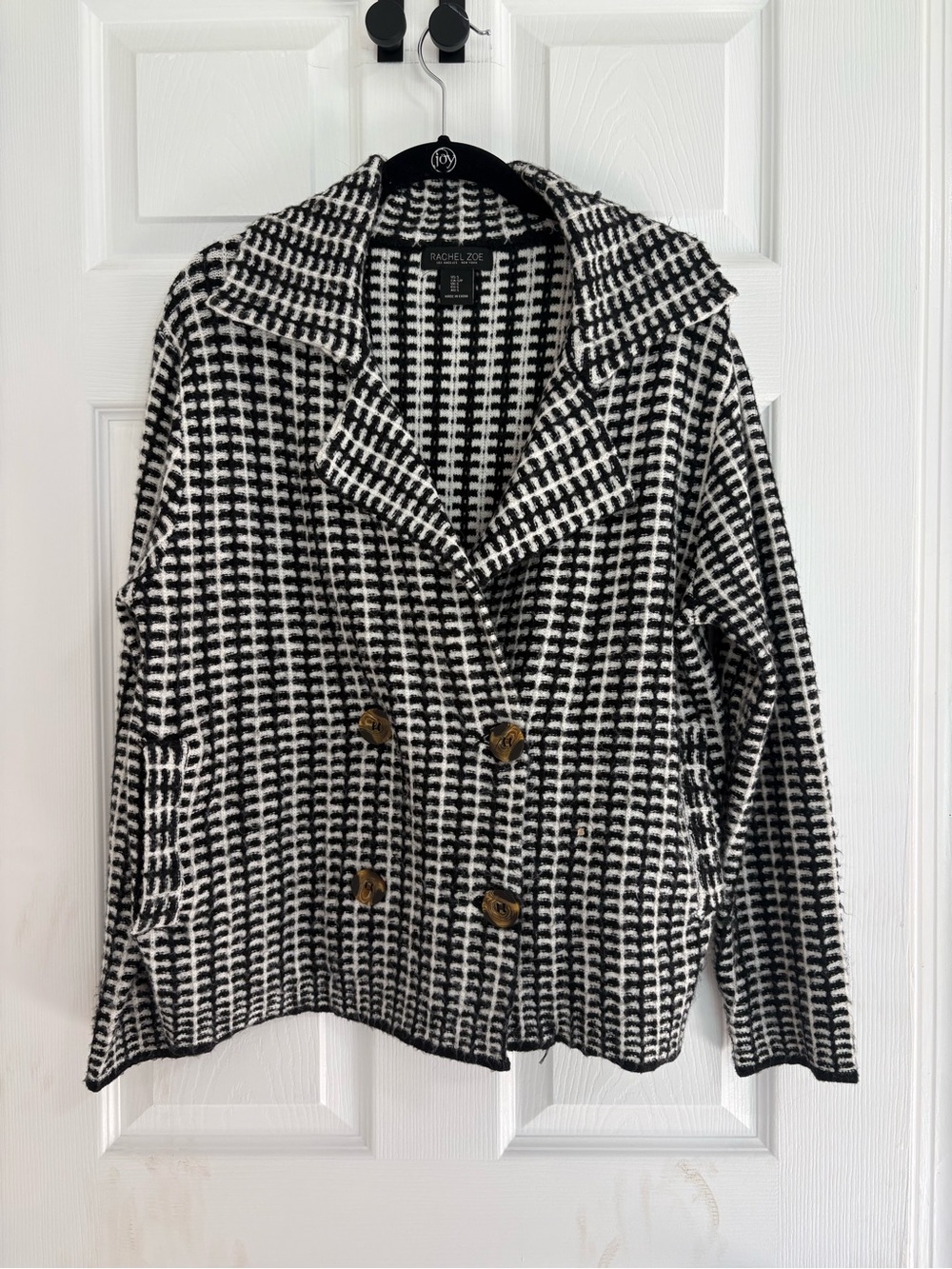 Rachel Zoe Black and White Knit Houndstooth Double-Breasted Blazer - Picture 1 of 3